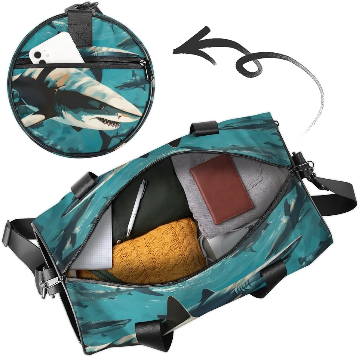 Custom Dance Duffel Bag Sport Backpacks Gyms and Weekend Overnight Travel Duffle Bag Birthday Christmas Halloween Waterproof, Shark Sea