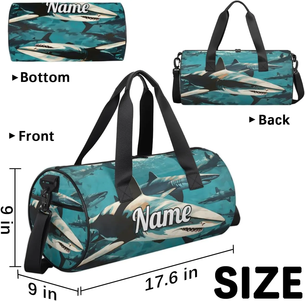 Custom Dance Duffel Bag Sport Backpacks Gyms and Weekend Overnight Travel Duffle Bag Birthday Christmas Halloween Waterproof, Shark Sea