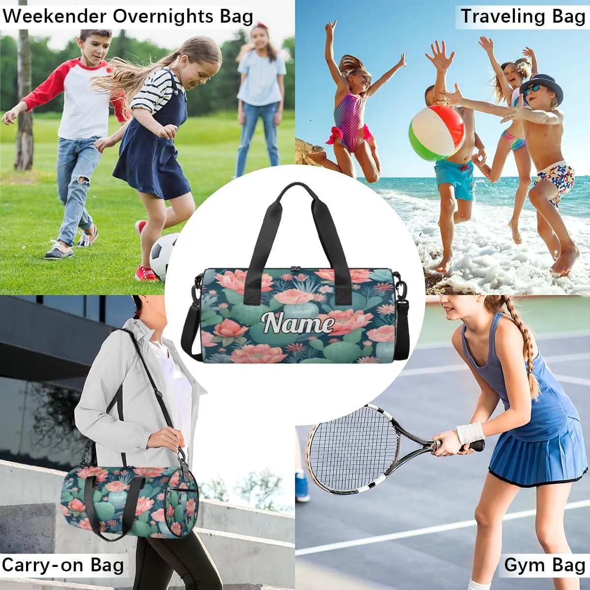 Custom Dance Duffel Bag Sport Backpacks Gyms and Weekend Overnight Travel Duffle Bag Birthday Christmas Halloween Waterproof, Summer Cactus Floral Print