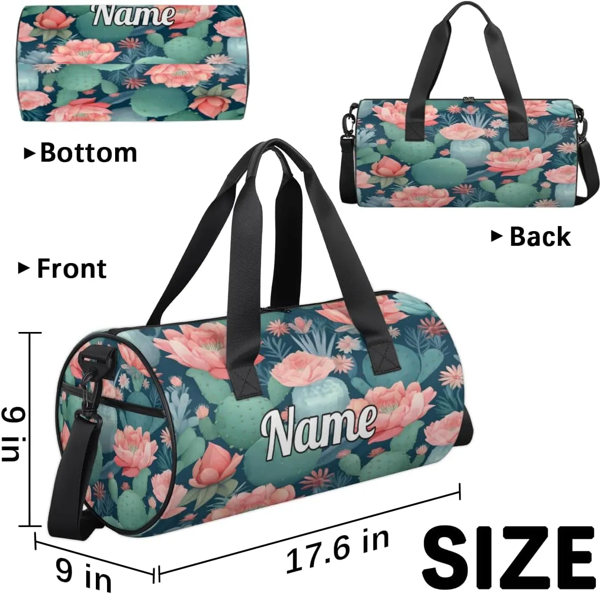 Custom Dance Duffel Bag Sport Backpacks Gyms and Weekend Overnight Travel Duffle Bag Birthday Christmas Halloween Waterproof, Summer Cactus Floral Print