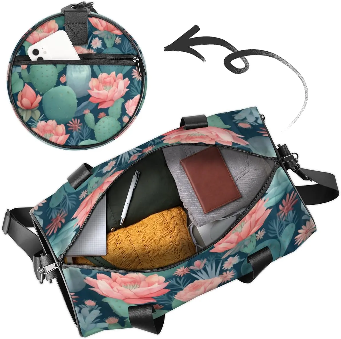 Custom Dance Duffel Bag Sport Backpacks Gyms and Weekend Overnight Travel Duffle Bag Birthday Christmas Halloween Waterproof, Summer Cactus Floral Print
