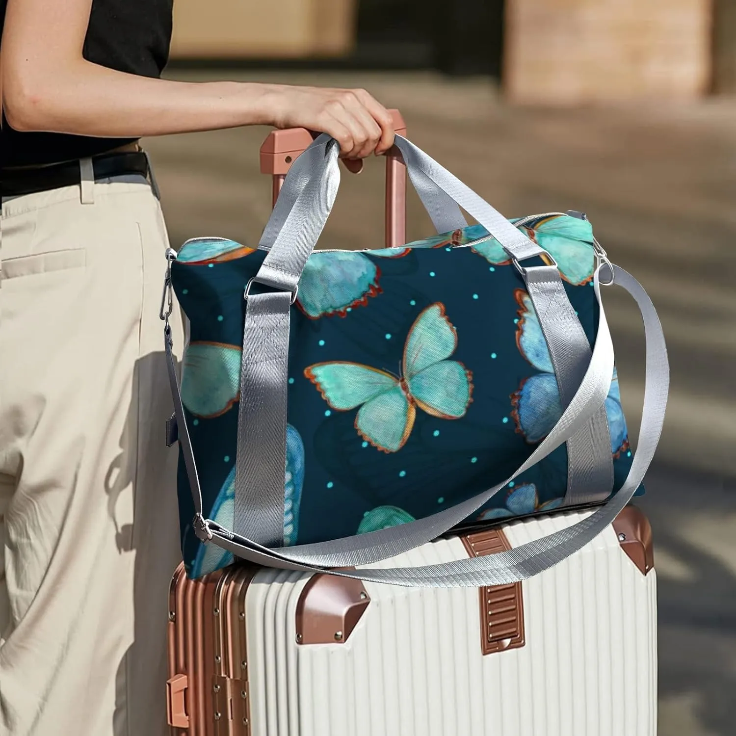 Custom Duffel Bag Butterfly Polka Dot Sports Gym Bags Travel Weekender Overnight Bag for Girls Boys,Personalized Gymnastics Sleepover Bag Carry-on Bags Lightweight Work Out Bags