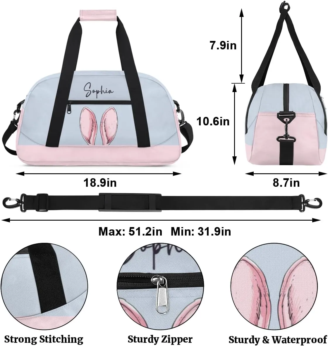 Custom Duffel Bag for Kids Small Sports Gym Bag Travel Bag for Girls Luggage Bag Dance Bag for Girls Blue Rabbit Ears Travel Tote Bag