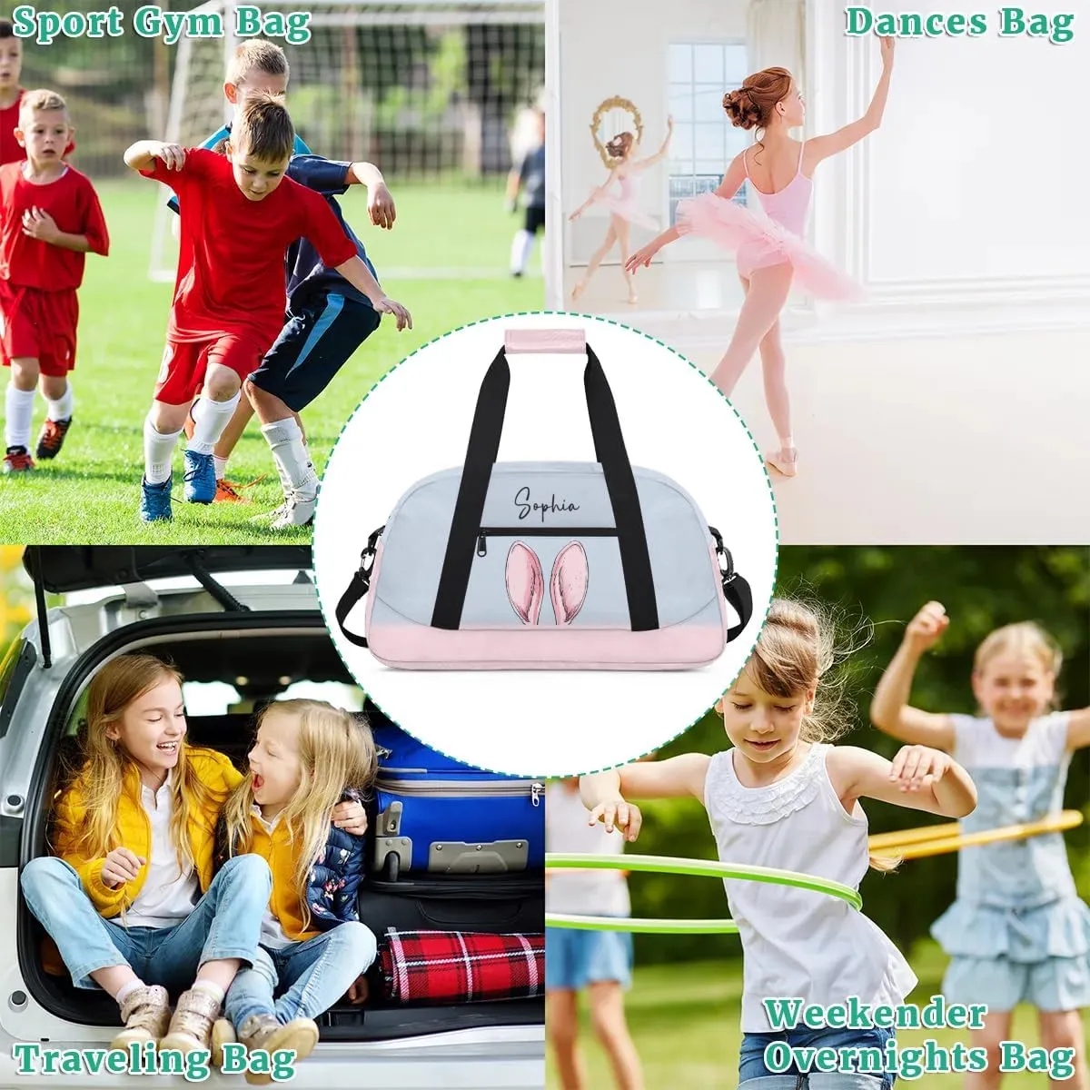 Custom Duffel Bag for Kids Small Sports Gym Bag Travel Bag for Girls Luggage Bag Dance Bag for Girls Blue Rabbit Ears Travel Tote Bag