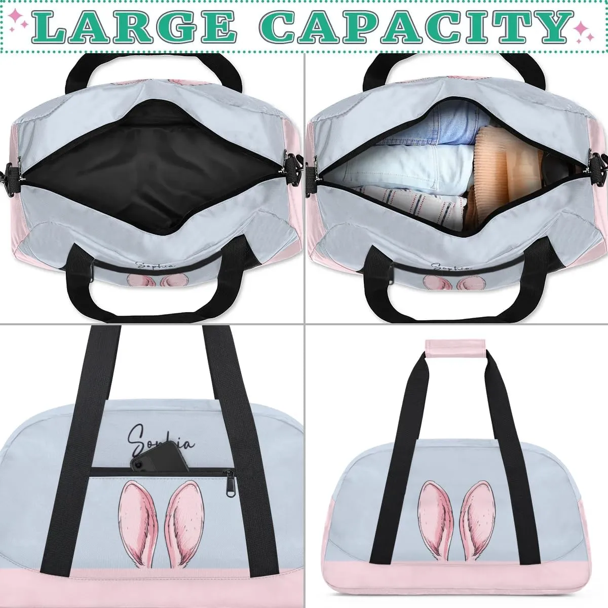 Custom Duffel Bag for Kids Small Sports Gym Bag Travel Bag for Girls Luggage Bag Dance Bag for Girls Blue Rabbit Ears Travel Tote Bag