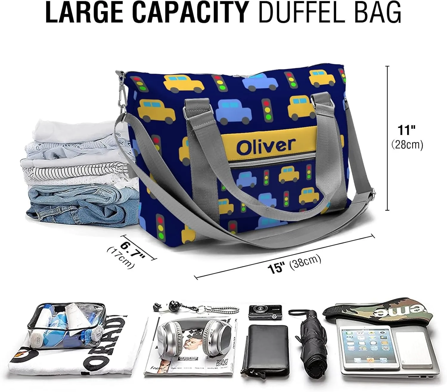 Custom Duffel Bag Street Lamp Car Dark Blue Sports Gym Bags Travel Weekender Overnight Bag for Girls Boys,Personalized Gymnastics Sleepover Bag Carry-on Bags Lightweight Work Out Bags