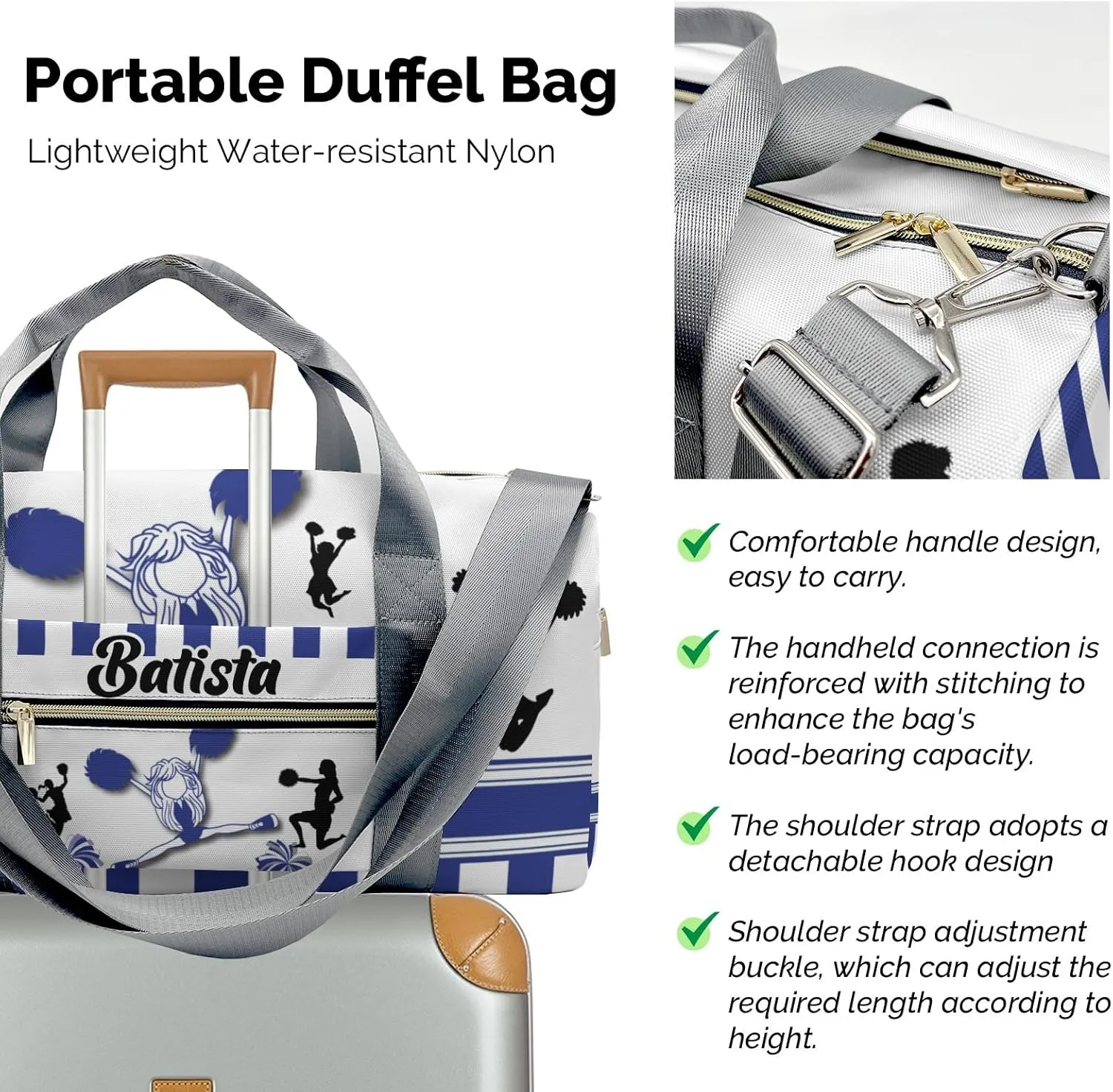 Custom Duffel Overnight Travel Bag for Sports Workout Girls Boys,Cheerleader Girl Blue Stripes Personalized MultiFunction Duffle Bag Customized Gifts