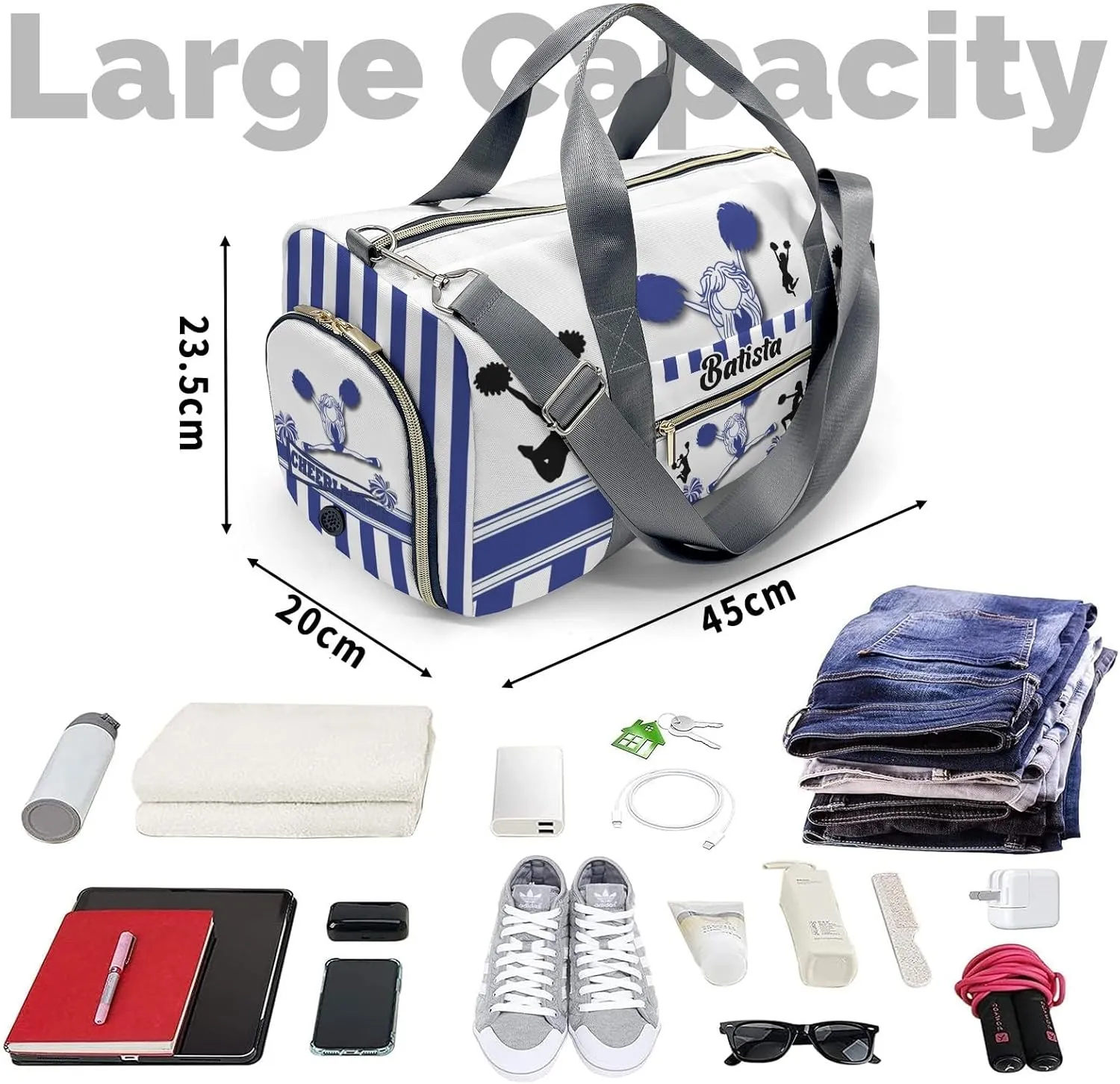 Custom Duffel Overnight Travel Bag for Sports Workout Girls Boys,Cheerleader Girl Blue Stripes Personalized MultiFunction Duffle Bag Customized Gifts
