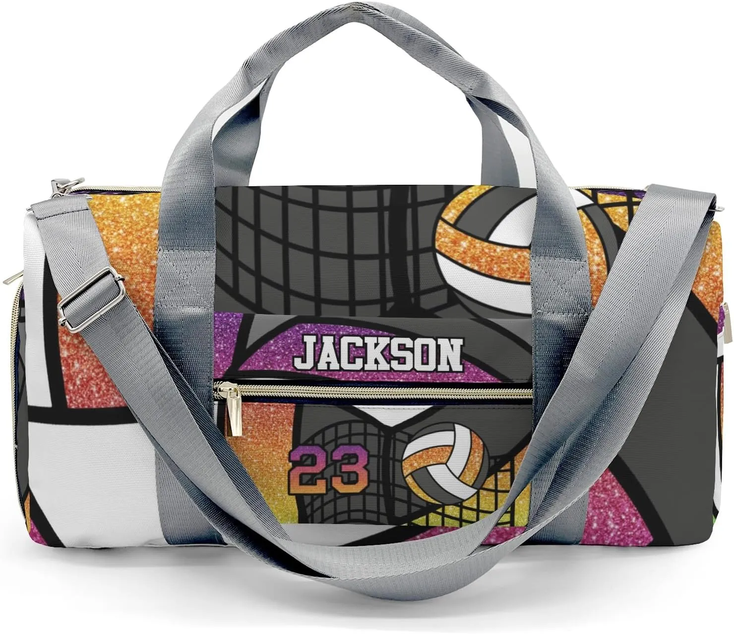 Custom Duffel Overnight Travel Bag for Sports Workout Girls Boys,Sport Volleyball Glitter Rainbow Number Personalized MultiFunction Duffle Bag Customized Gifts