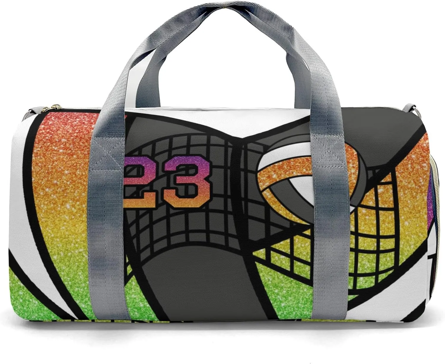 Custom Duffel Overnight Travel Bag for Sports Workout Girls Boys,Sport Volleyball Glitter Rainbow Number Personalized MultiFunction Duffle Bag Customized Gifts