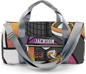 Custom Duffel Overnight Travel Bag for Sports Workout Girls Boys,Sport Volleyball Glitter Rainbow Number Personalized MultiFunction Duffle Bag Customized Gifts