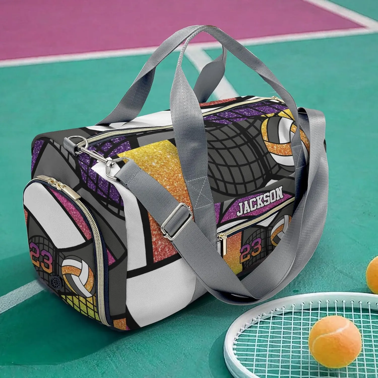 Custom Duffel Overnight Travel Bag for Sports Workout Girls Boys,Sport Volleyball Glitter Rainbow Number Personalized MultiFunction Duffle Bag Customized Gifts