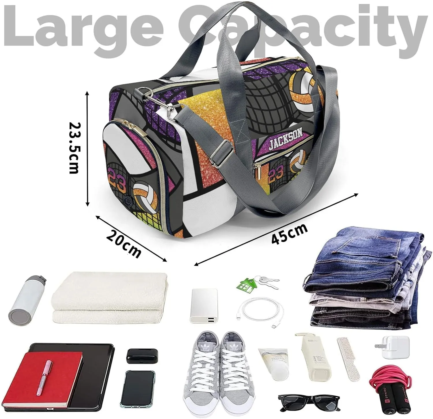 Custom Duffel Overnight Travel Bag for Sports Workout Girls Boys,Sport Volleyball Glitter Rainbow Number Personalized MultiFunction Duffle Bag Customized Gifts
