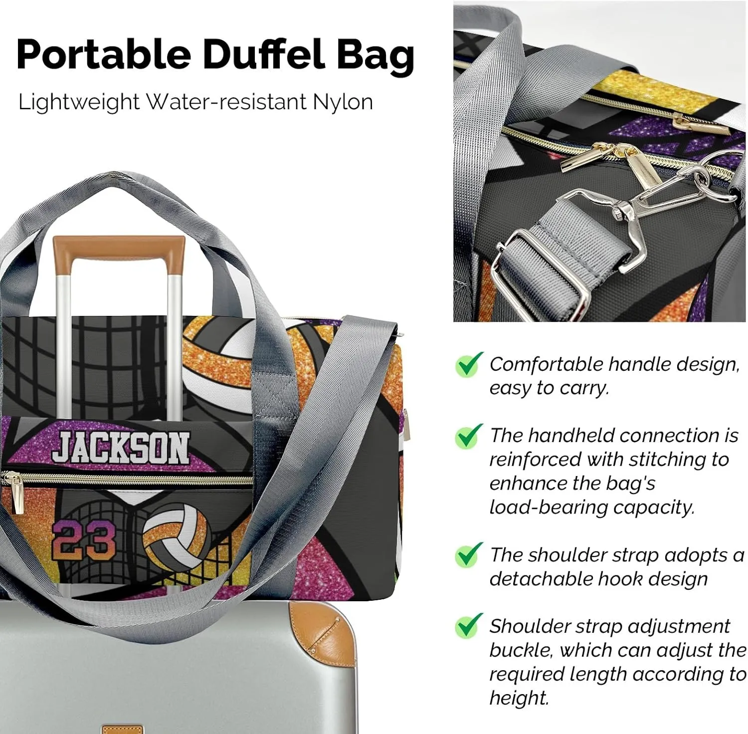Custom Duffel Overnight Travel Bag for Sports Workout Girls Boys,Sport Volleyball Glitter Rainbow Number Personalized MultiFunction Duffle Bag Customized Gifts