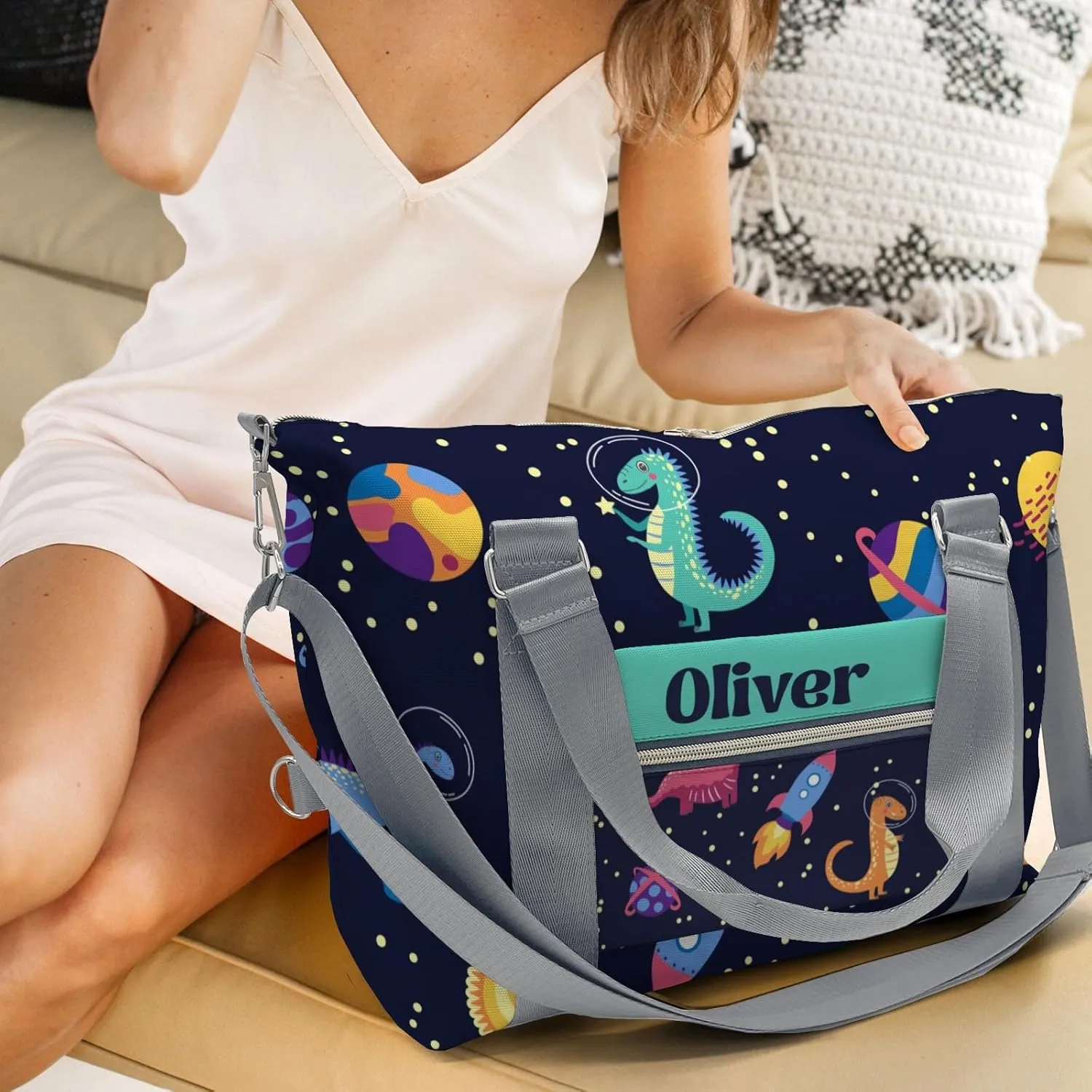 Custom Gift Dinosaur Print Space Cartoon Gym Duffel Bag – Travel Bag for Women and Men,Sports Gym Bag,Weekender Bag,Overnight Bag,Travel Tote Bags for Sports Workout with Name