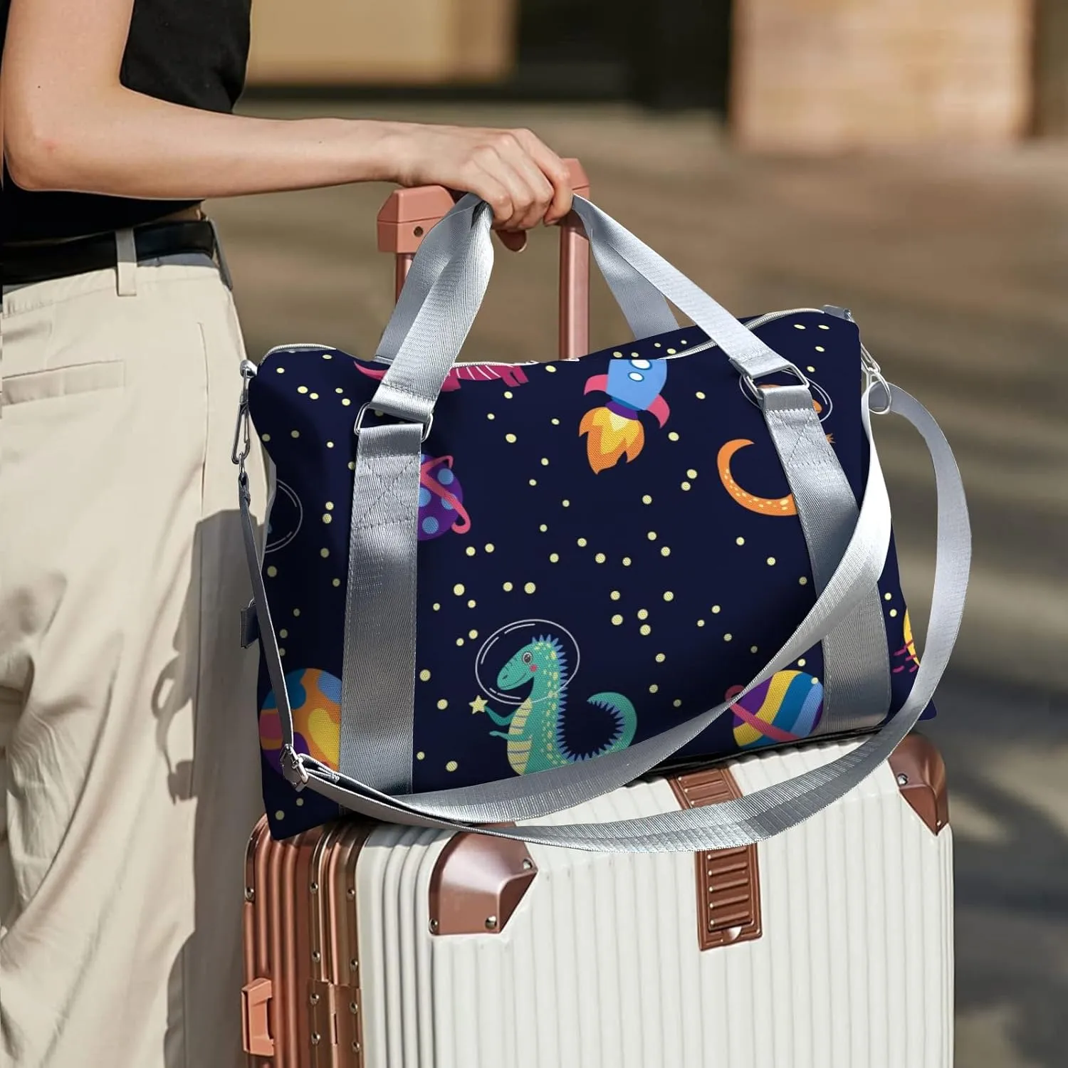 Custom Gift Dinosaur Print Space Cartoon Gym Duffel Bag – Travel Bag for Women and Men,Sports Gym Bag,Weekender Bag,Overnight Bag,Travel Tote Bags for Sports Workout with Name