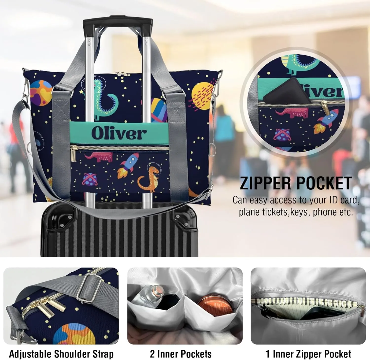 Custom Gift Dinosaur Print Space Cartoon Gym Duffel Bag – Travel Bag for Women and Men,Sports Gym Bag,Weekender Bag,Overnight Bag,Travel Tote Bags for Sports Workout with Name