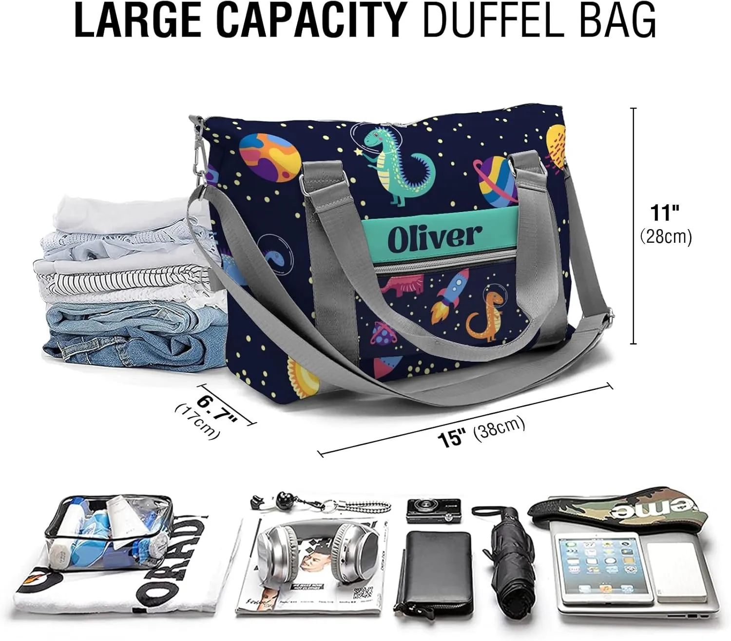 Custom Gift Dinosaur Print Space Cartoon Gym Duffel Bag – Travel Bag for Women and Men,Sports Gym Bag,Weekender Bag,Overnight Bag,Travel Tote Bags for Sports Workout with Name