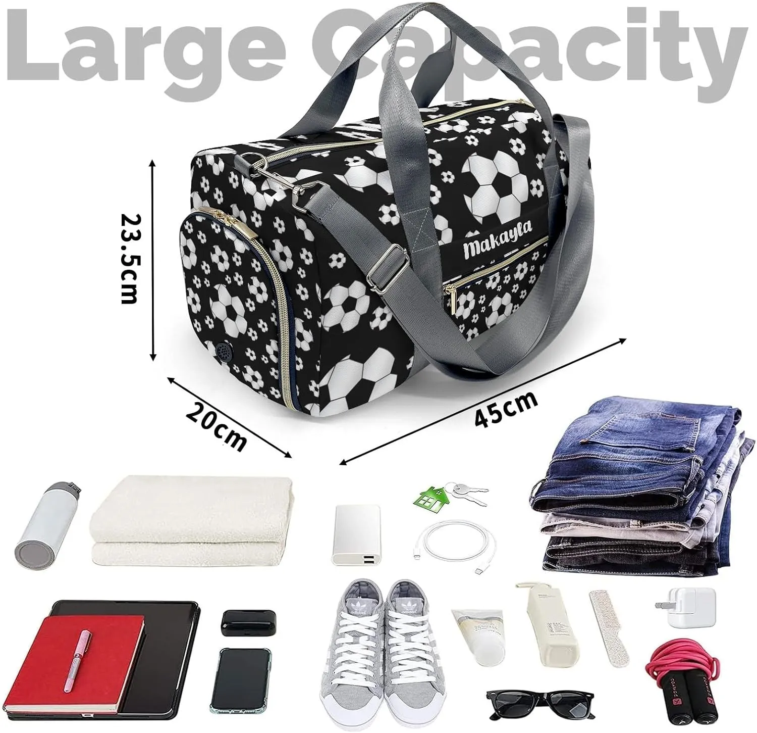 Custom Gift Sport Soccer Balls Black Gym Duffel Travel Bag for Women Men,Sports Gym Bag,Overnight Bag,Travel Tote Bags for Sports Name