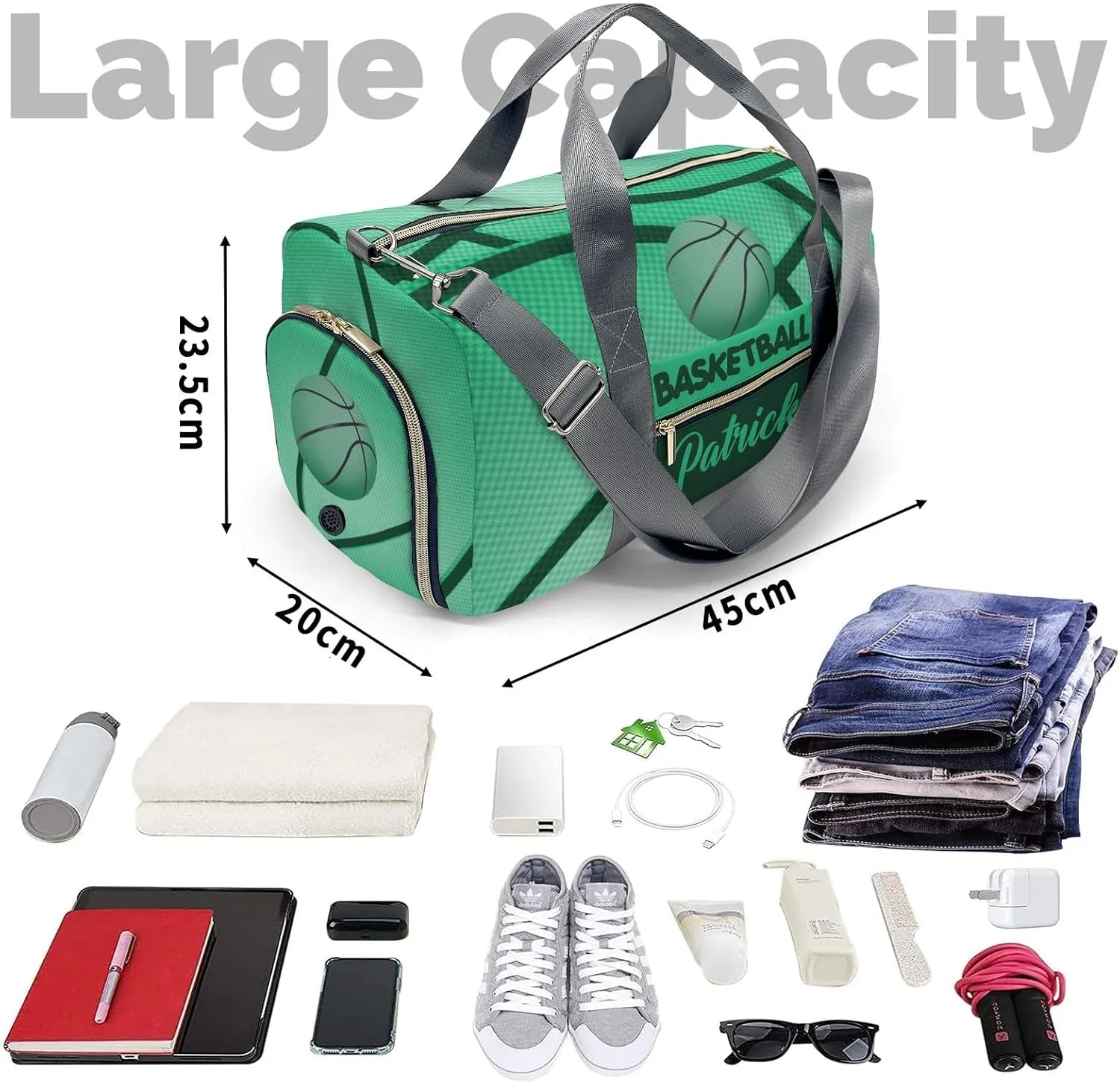 Custom Green Basketball Print Duffel Bag with Name Child Kids Adjustable Shoulder Strap Travel Bag for Boys Girls Teens