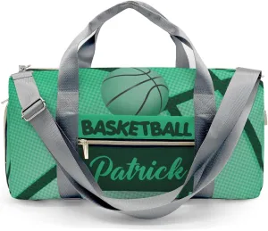 Custom Green Basketball Print Duffel Bag with Name Child Kids Adjustable Shoulder Strap Travel Bag for Boys Girls Teens