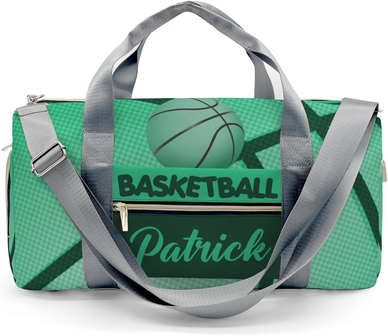 Custom Green Basketball Print Duffel Bag with Name Child Kids Adjustable Shoulder Strap Travel Bag for Boys Girls Teens