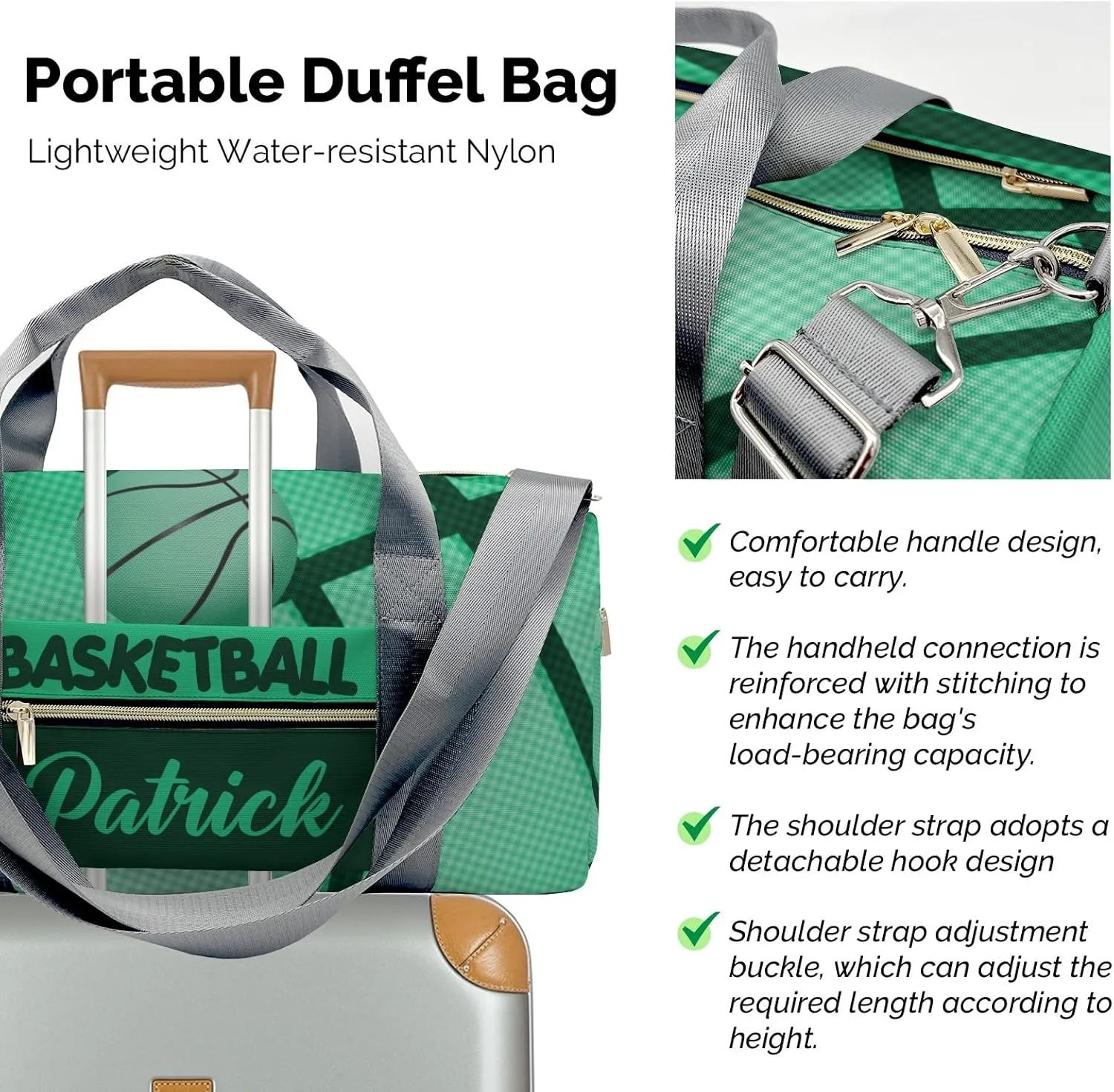 Custom Green Basketball Print Duffel Bag with Name Child Kids Adjustable Shoulder Strap Travel Bag for Boys Girls Teens