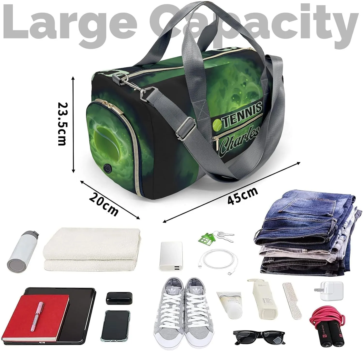 Custom Gym Bag Tennis Ball Sport Duffel Bag with Name Child Kids Adjustable Shoulder Strap Travel Bag for Boys Girls Teens