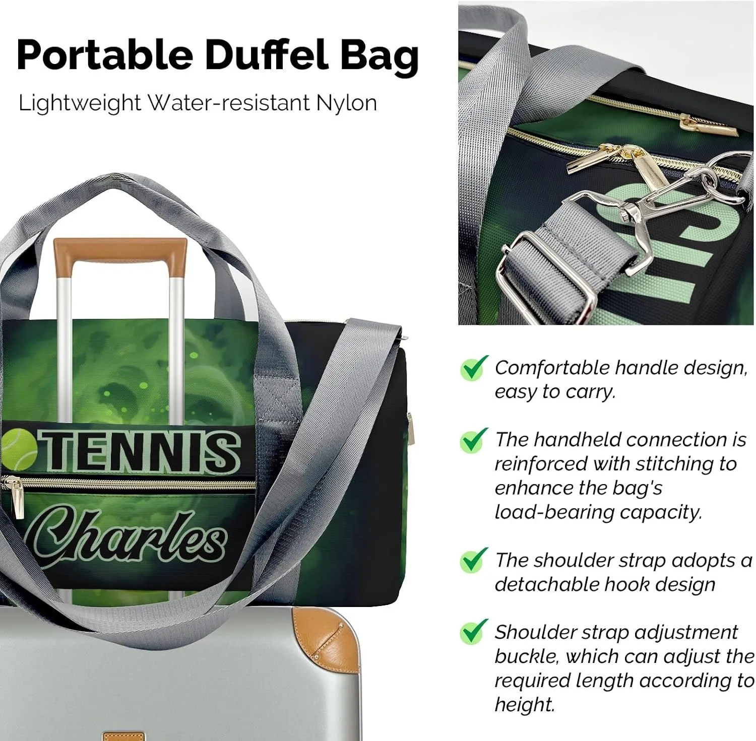 Custom Gym Bag Tennis Ball Sport Duffel Bag with Name Child Kids Adjustable Shoulder Strap Travel Bag for Boys Girls Teens