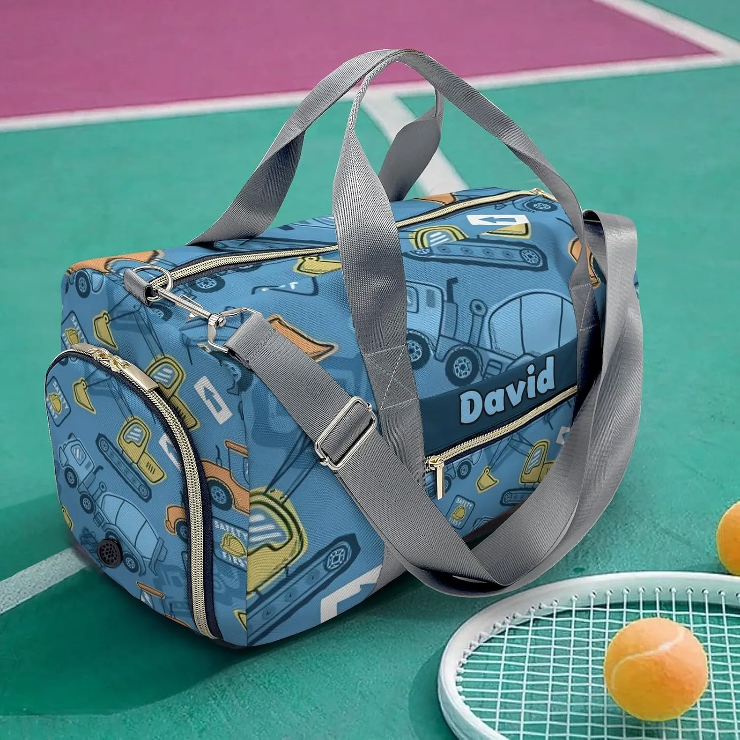 Custom Kids Cartoon Truck on Blue Duffel Overnight Dance Bag for Girls Personalized Dance Duffle Bag for Women Girls Customized Kids Gifts