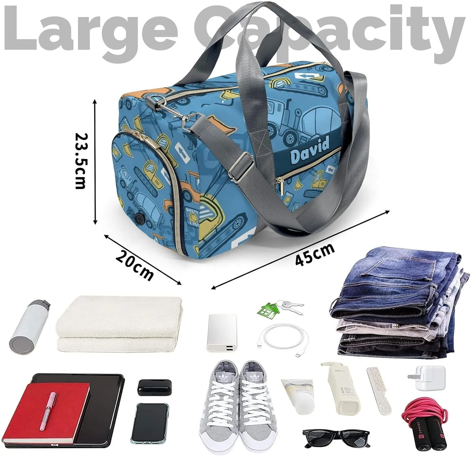 Custom Kids Cartoon Truck on Blue Duffel Overnight Dance Bag for Girls Personalized Dance Duffle Bag for Women Girls Customized Kids Gifts