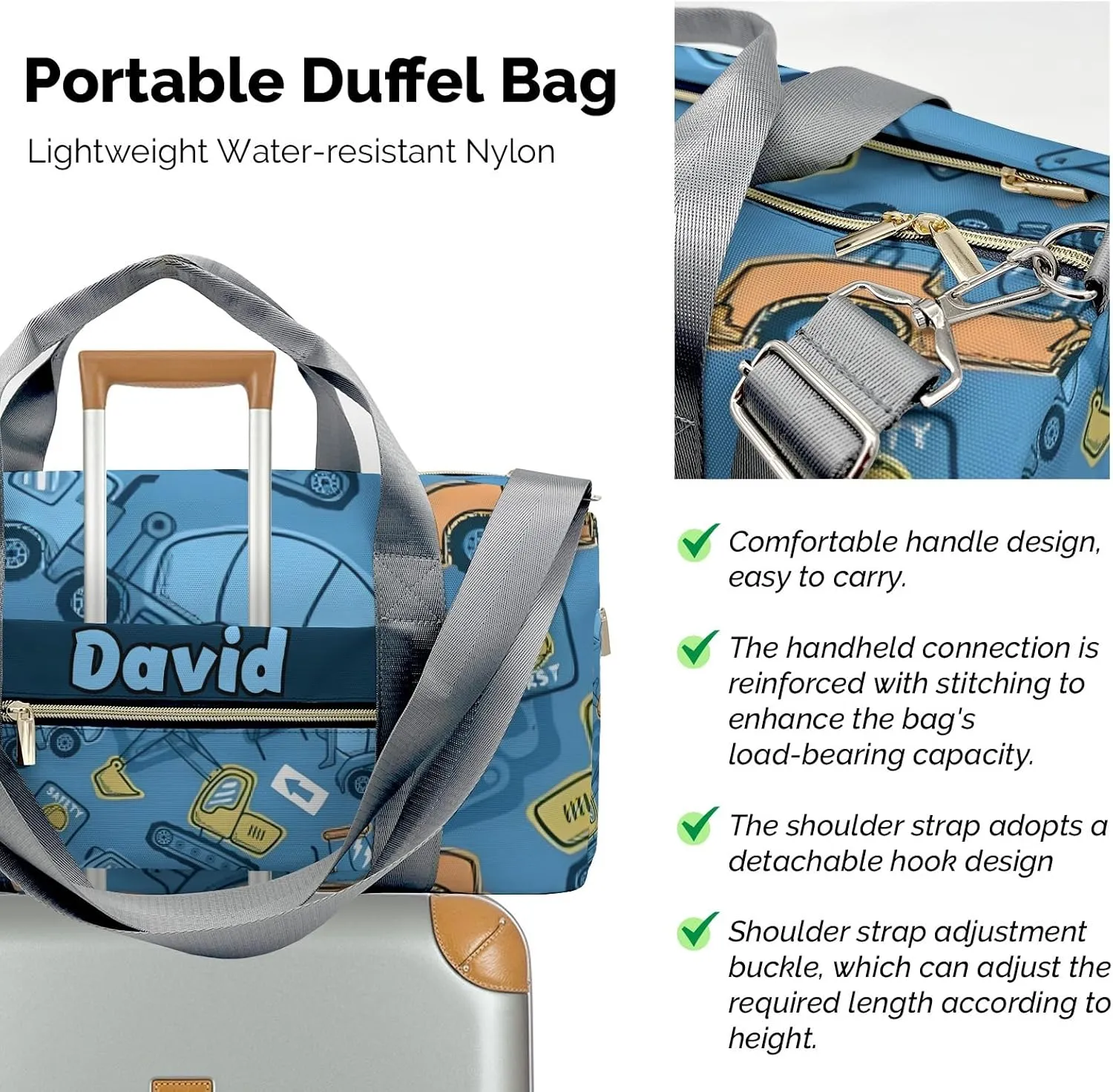 Custom Kids Cartoon Truck on Blue Duffel Overnight Dance Bag for Girls Personalized Dance Duffle Bag for Women Girls Customized Kids Gifts