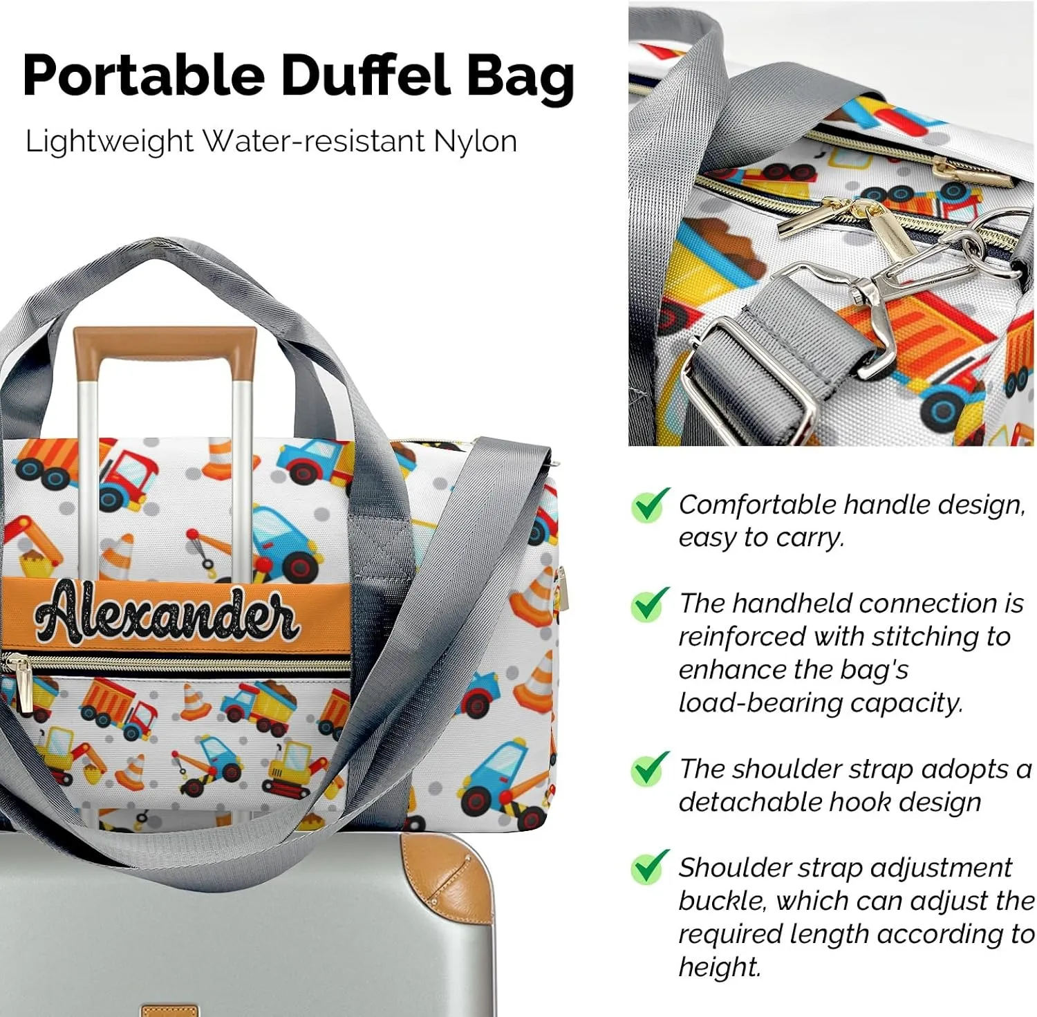 Custom Kids Construction Dump Truck Duffel Overnight Dance Bag for Girls Personalized Dance Duffle Bag for Women Girls Customized Kids Gifts