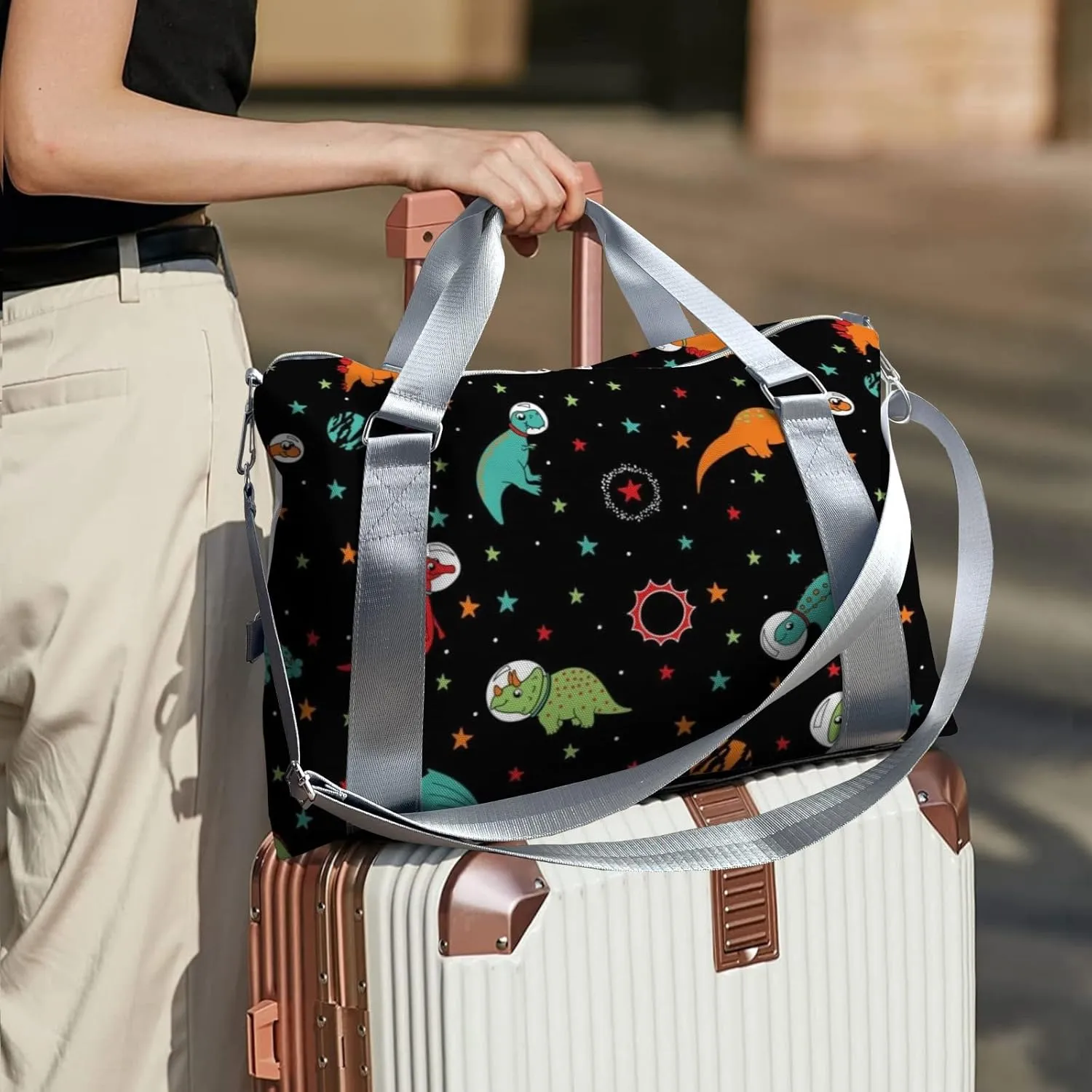 Custom Kids Dinosaur Print Night Star Duffel Overnight Dance Bag for Girls Personalized Dance Duffle Bag for Women Girls Customized Kids Gifts