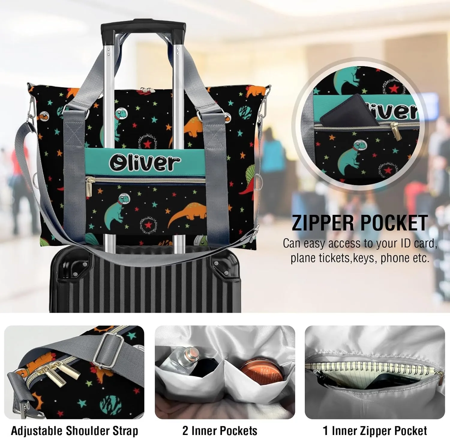 Custom Kids Dinosaur Print Night Star Duffel Overnight Dance Bag for Girls Personalized Dance Duffle Bag for Women Girls Customized Kids Gifts