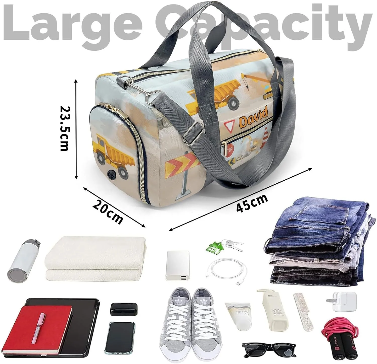 Custom Kids Duffel Overnight Dance Bag for Girls,Cartoon Dump Crane Truck Stop Personalized Dance Duffle Bag for Women Girls Customized Kids Gifts