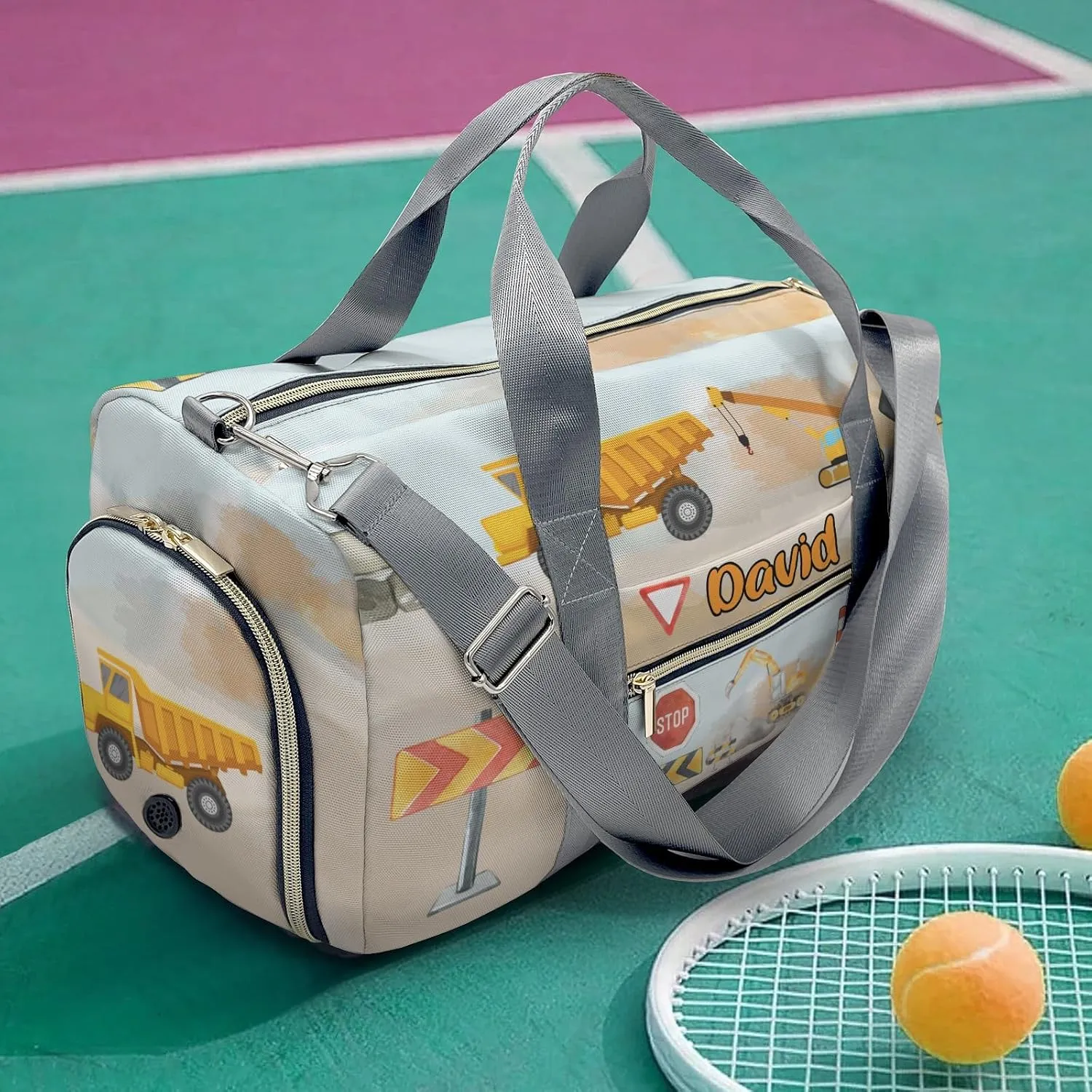 Custom Kids Duffel Overnight Dance Bag for Girls,Cartoon Dump Crane Truck Stop Personalized Dance Duffle Bag for Women Girls Customized Kids Gifts