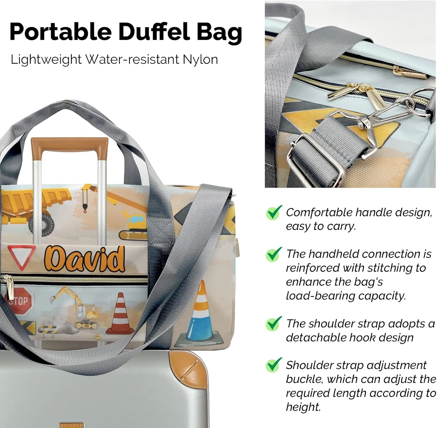 Custom Kids Duffel Overnight Dance Bag for Girls,Cartoon Dump Crane Truck Stop Personalized Dance Duffle Bag for Women Girls Customized Kids Gifts