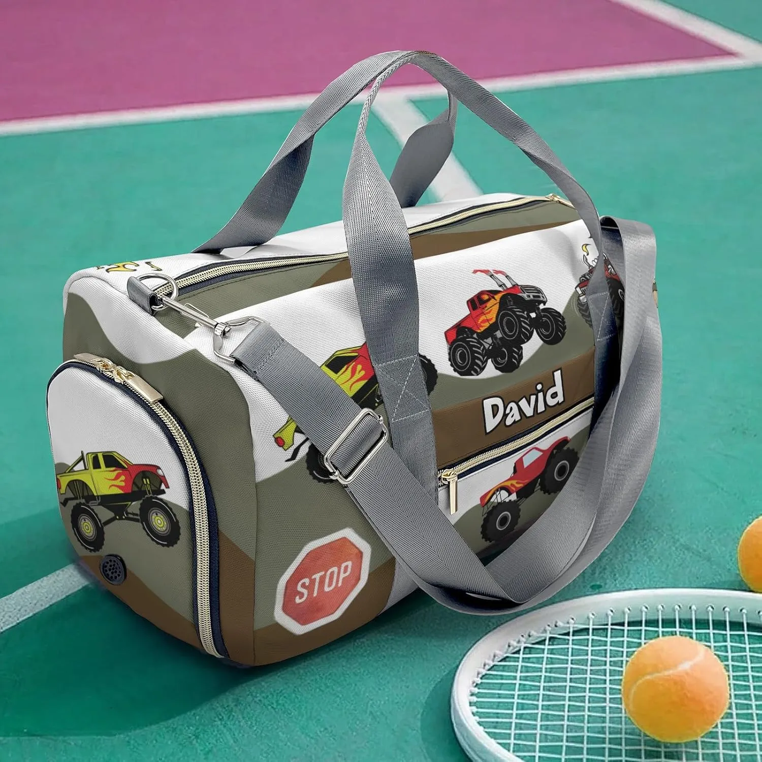 Custom Kids Duffel Overnight Dance Bag for Girls,Cool Monster Trucks Massif Personalized Dance Duffle Bag for Women Girls Customized Kids Gifts
