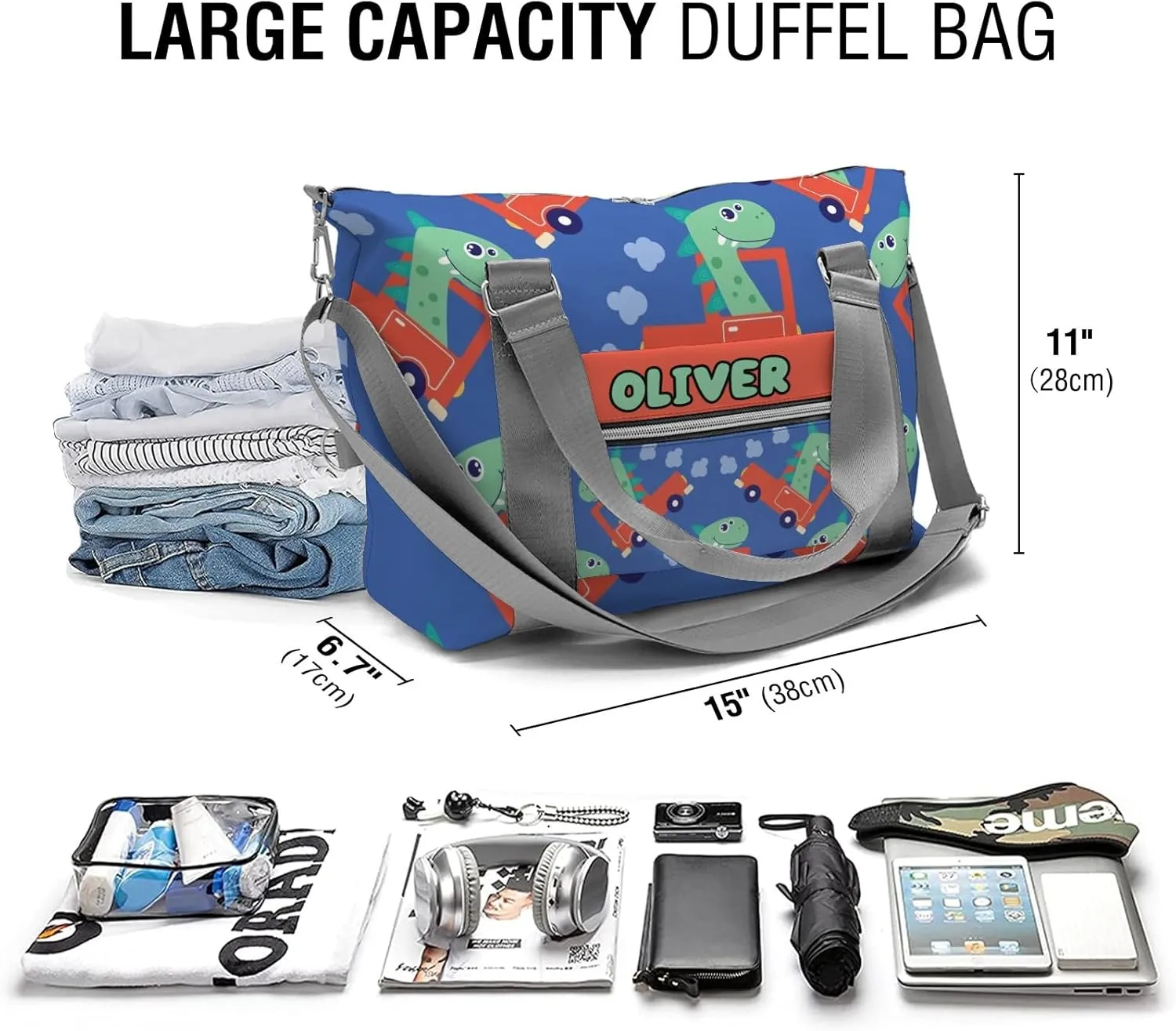 Custom Kids Duffel Overnight Dance Bag for Girls,Dinosaur Print Car Cool Personalized Dance Duffle Bag for Women Girls Customized Kids Gifts