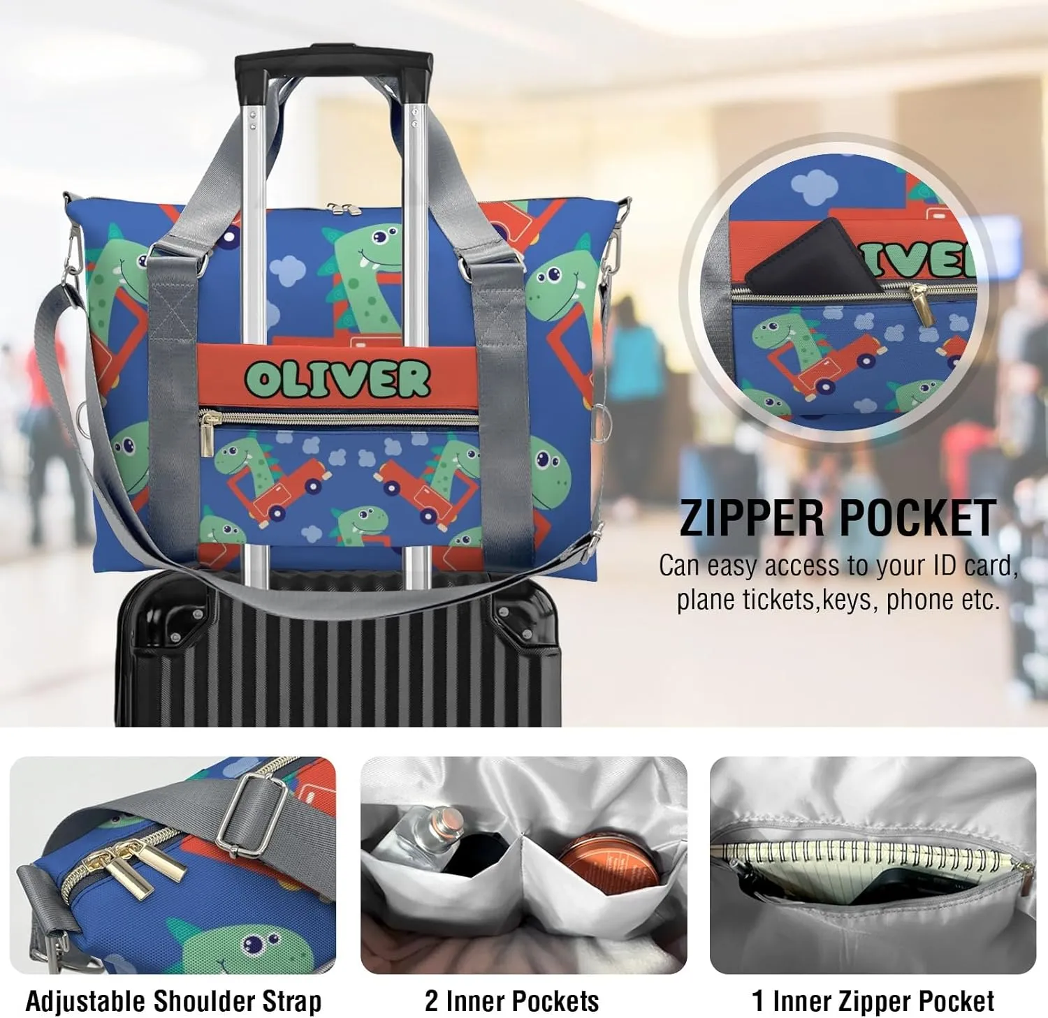 Custom Kids Duffel Overnight Dance Bag for Girls,Dinosaur Print Car Cool Personalized Dance Duffle Bag for Women Girls Customized Kids Gifts