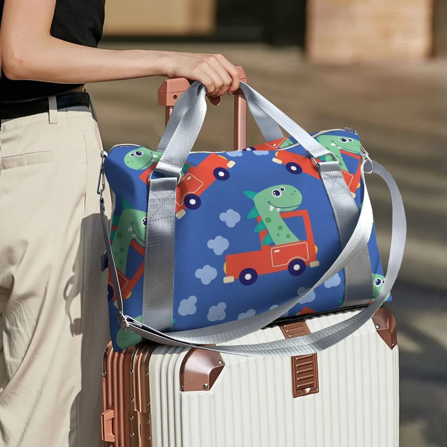 Custom Kids Duffel Overnight Dance Bag for Girls,Dinosaur Print Car Cool Personalized Dance Duffle Bag for Women Girls Customized Kids Gifts