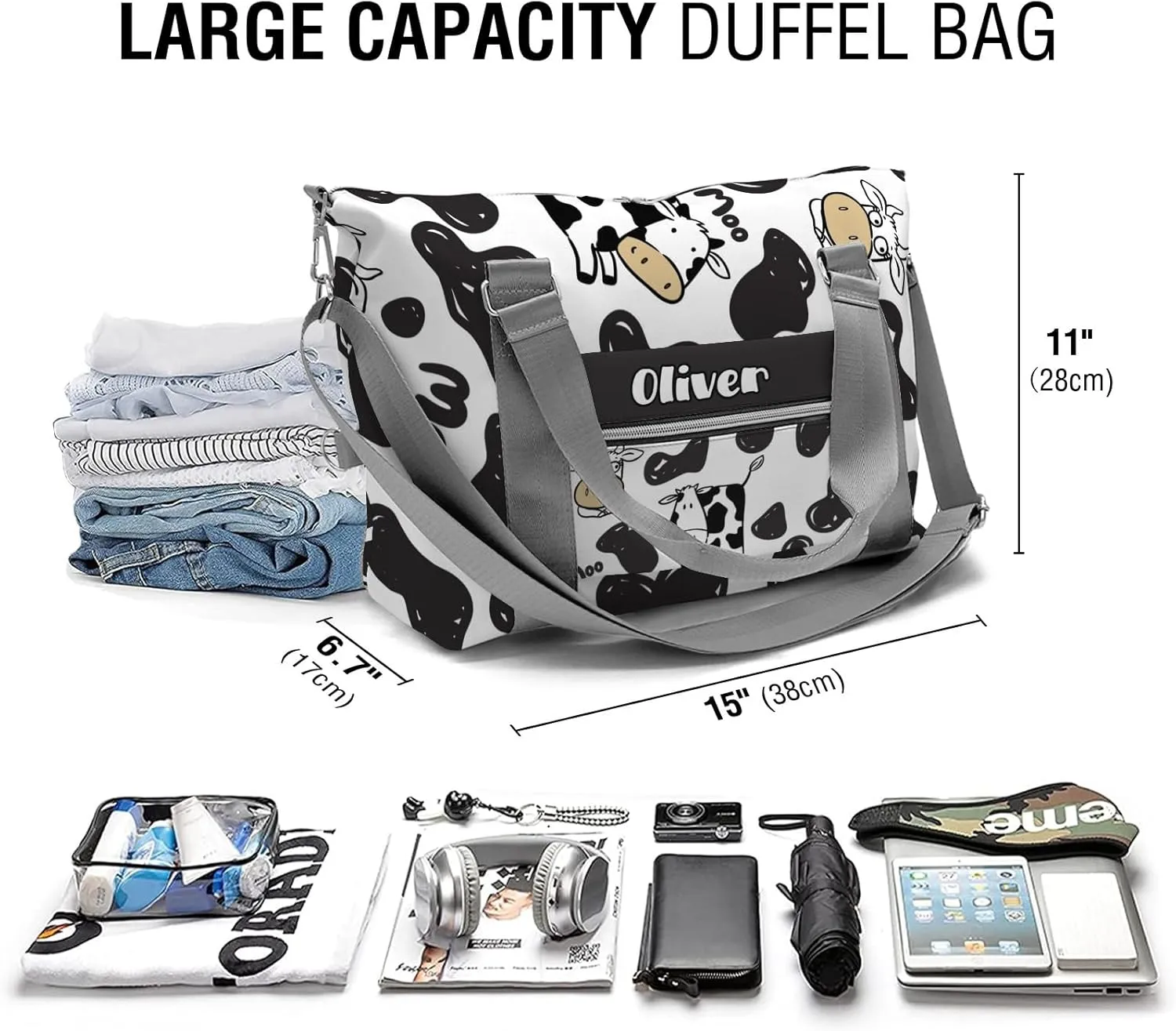 Custom Kids Duffel Overnight Dance Bag for Girls,Farm Animal Print Cow Personalized Dance Duffle Bag for Women Girls Customized Kids Gifts