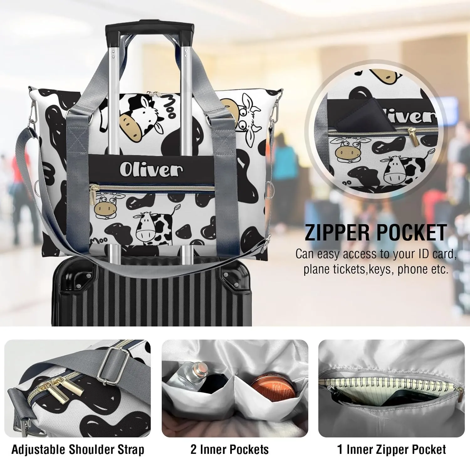 Custom Kids Duffel Overnight Dance Bag for Girls,Farm Animal Print Cow Personalized Dance Duffle Bag for Women Girls Customized Kids Gifts