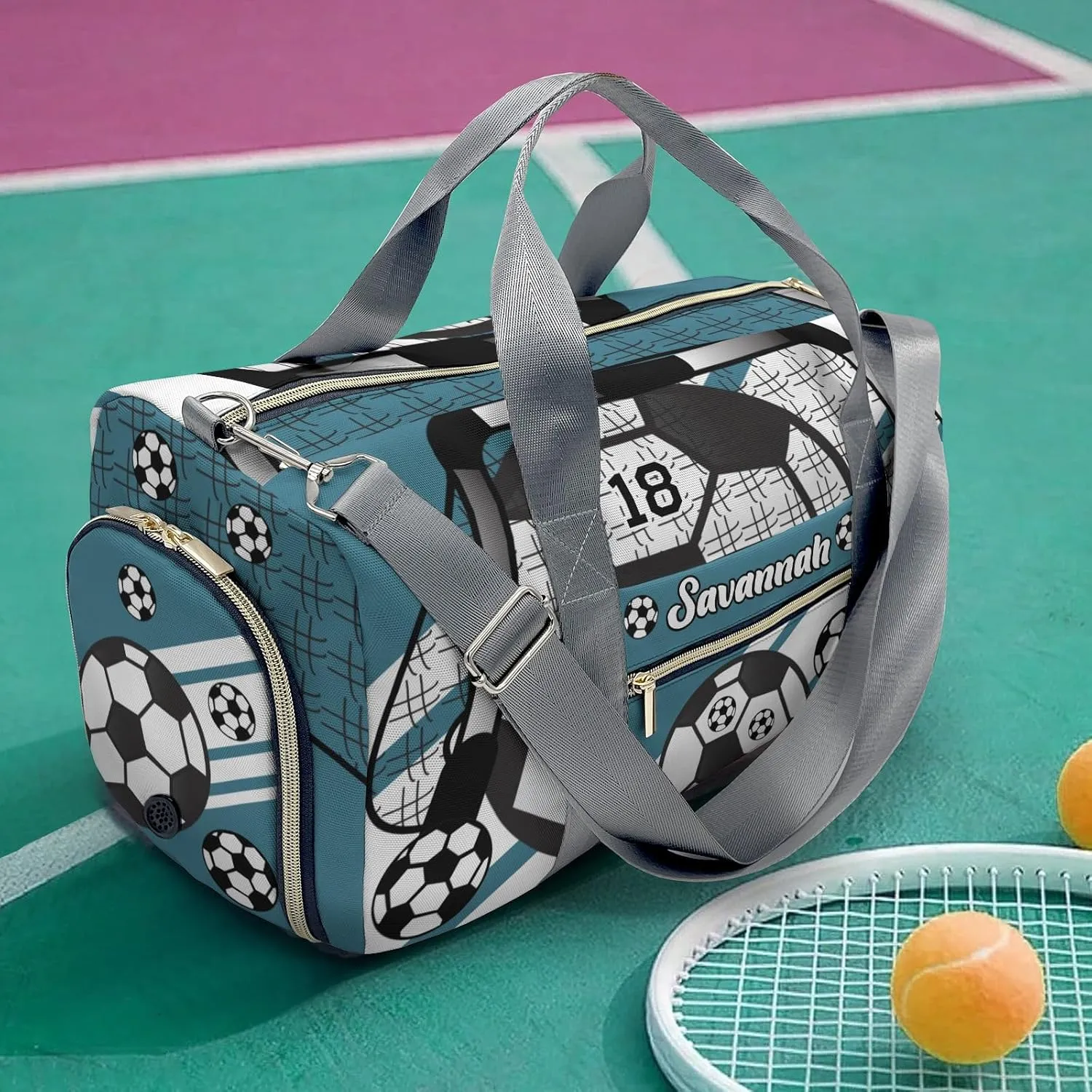 Custom Kids Duffel Overnight Dance Bag for Girls,Football Soccer Ball Number Deep Teal Personalized Duffle Bag for Boys Girls Customized Kids Gifts