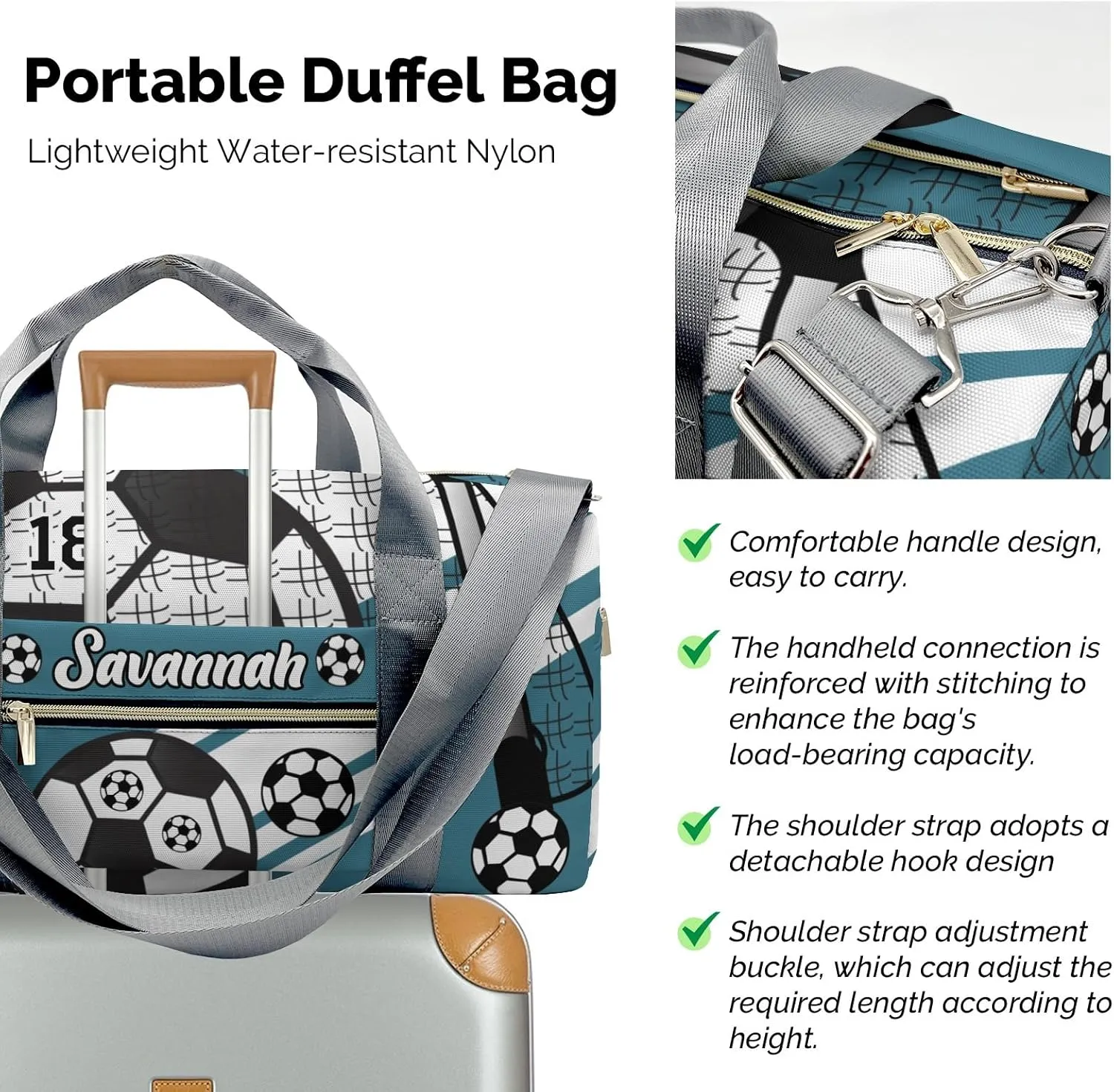 Custom Kids Duffel Overnight Dance Bag for Girls,Football Soccer Ball Number Deep Teal Personalized Duffle Bag for Boys Girls Customized Kids Gifts