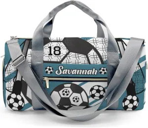 Custom Kids Duffel Overnight Dance Bag for Girls,Football Soccer Ball Number Deep Teal Personalized Duffle Bag for Boys Girls Customized Kids Gifts