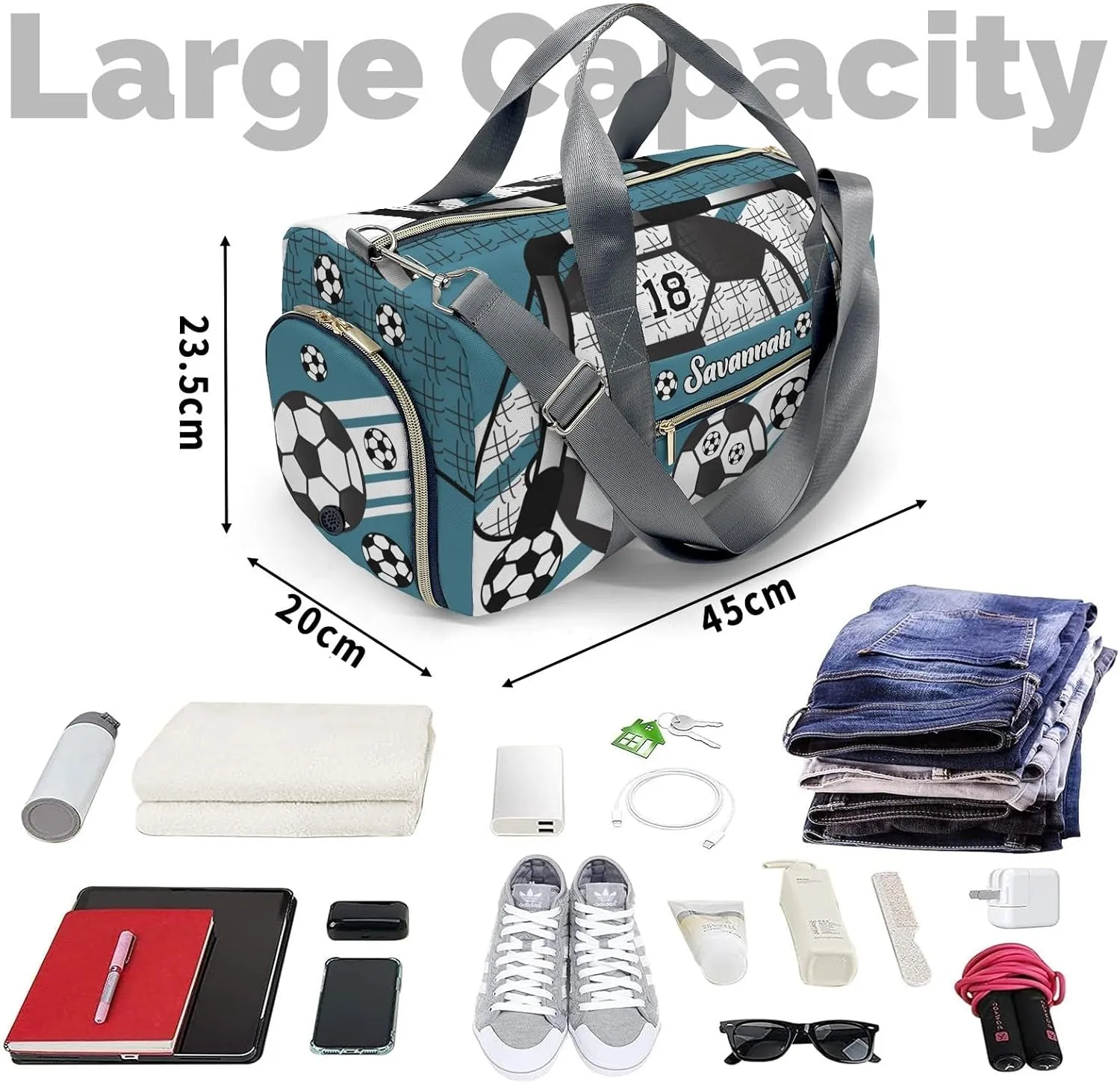 Custom Kids Duffel Overnight Dance Bag for Girls,Football Soccer Ball Number Deep Teal Personalized Duffle Bag for Boys Girls Customized Kids Gifts
