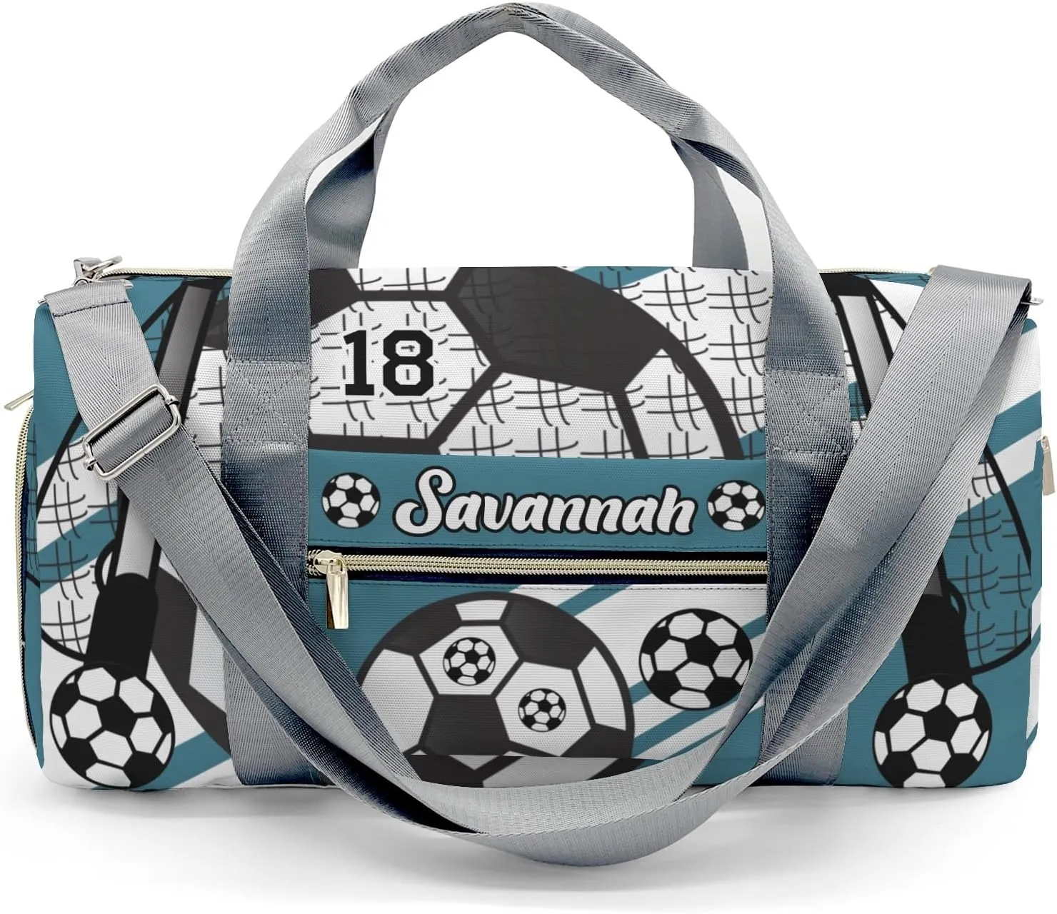 Custom Kids Duffel Overnight Dance Bag for Girls,Football Soccer Ball Number Deep Teal Personalized Duffle Bag for Boys Girls Customized Kids Gifts