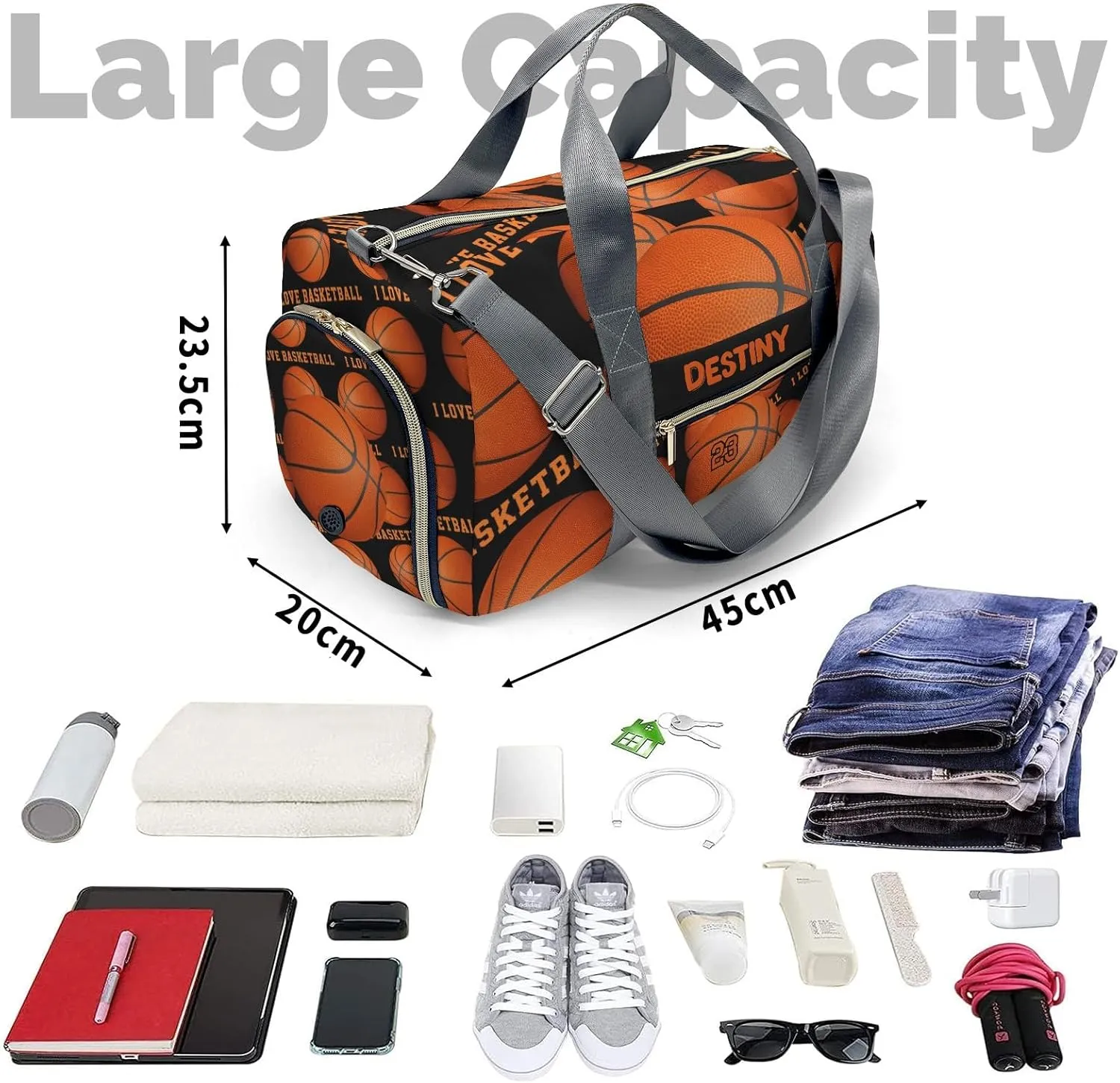 Custom Kids Duffel Overnight Dance Bag for Girls,I Love Basketball Sports Personalized Dance Duffle Bag for Women Girls Customized Kids Gifts